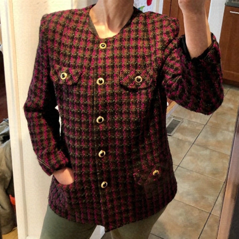 WHITE STAG Vintage Wool Blend Plaid Tweed Blazer Pink Green Brown Black Sz 16